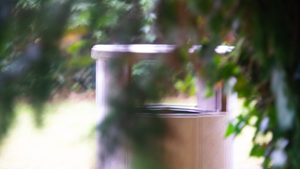 A trash can seen through the bush.